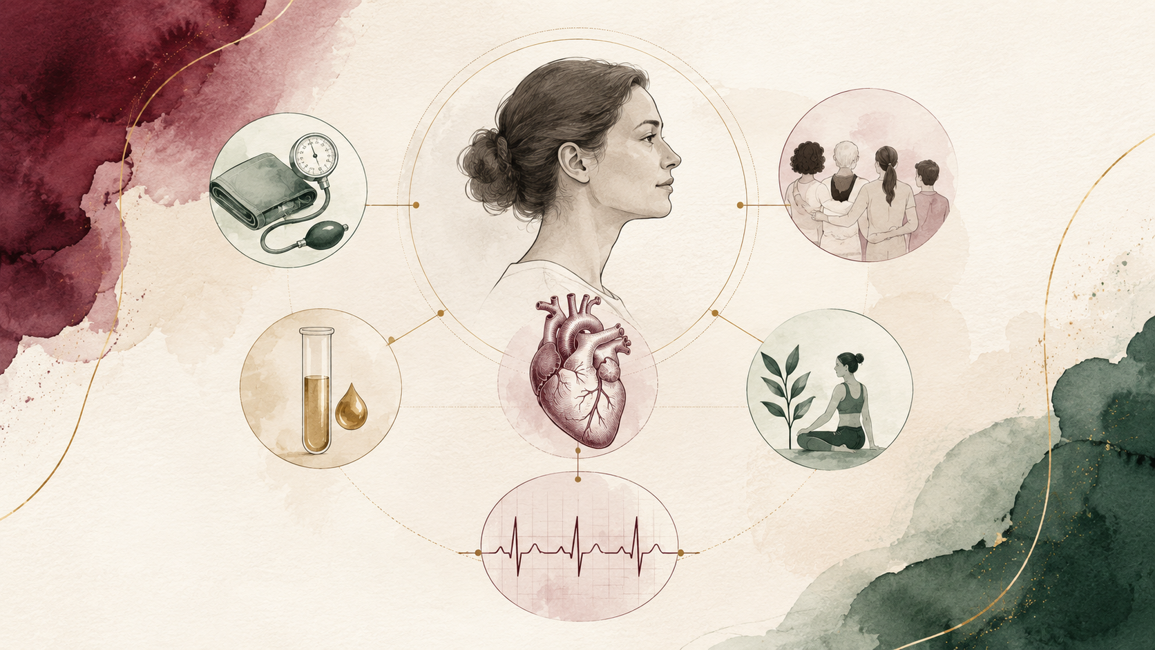 Ilustração editorial de uma avaliação cardiovascular individualizada com pressão arterial, exames laboratoriais, histórico familiar, hábitos e eletrocardiograma
